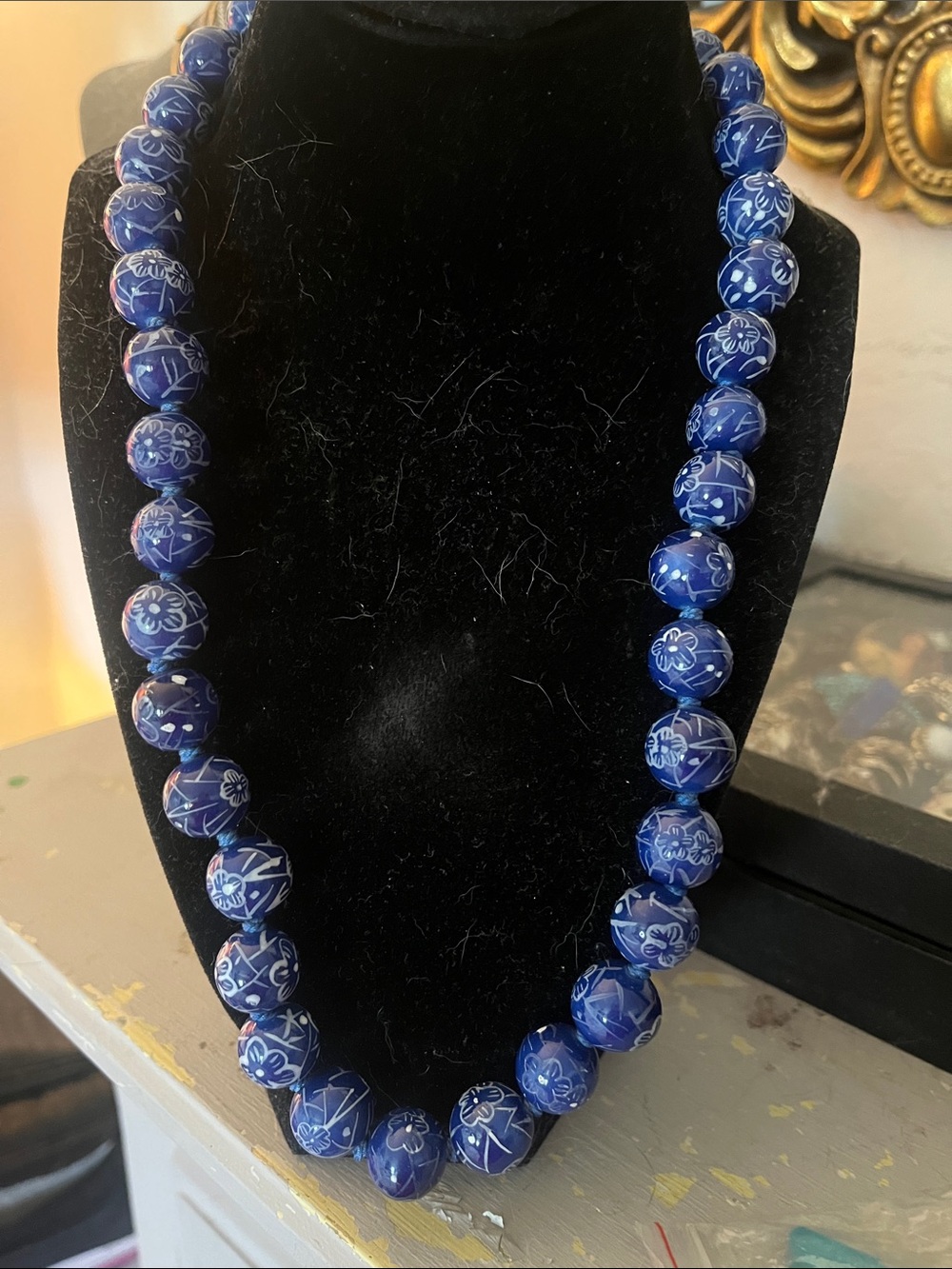 Vintage Blue Porcelain Hand Knotted Bead Necklace